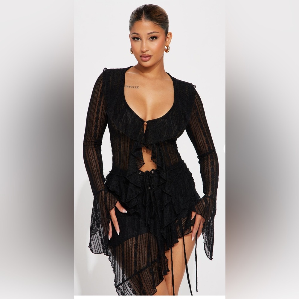 Fashion Nova Sheer Ethereal Dreams Black Lace up Mini Skirt Set